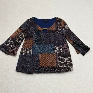 NAIF Womens Patchwork Print Bell Sleeve Blouse Blue Brown Paisley DT650-150932